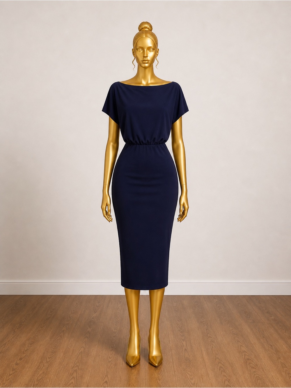 Elegant Navy Midi Dress with Boatneck